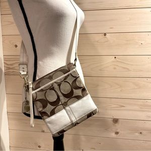Coach crossbody purse bag, classic monogram print, brown & white, EUC